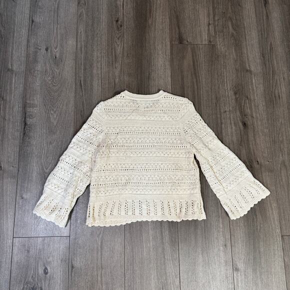 Madewell Scalloped-Trim Sweater Tee WMNS S Sand Crewneck Crop Open Knit Pullover - Picture 6 of 8